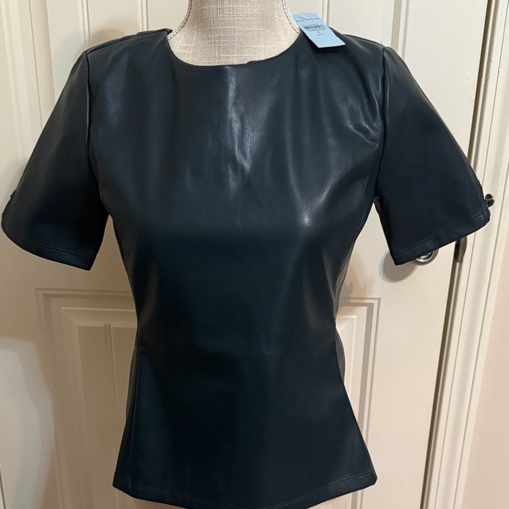 NWT Ann Taylor Green Short Sleeve Leather Top
